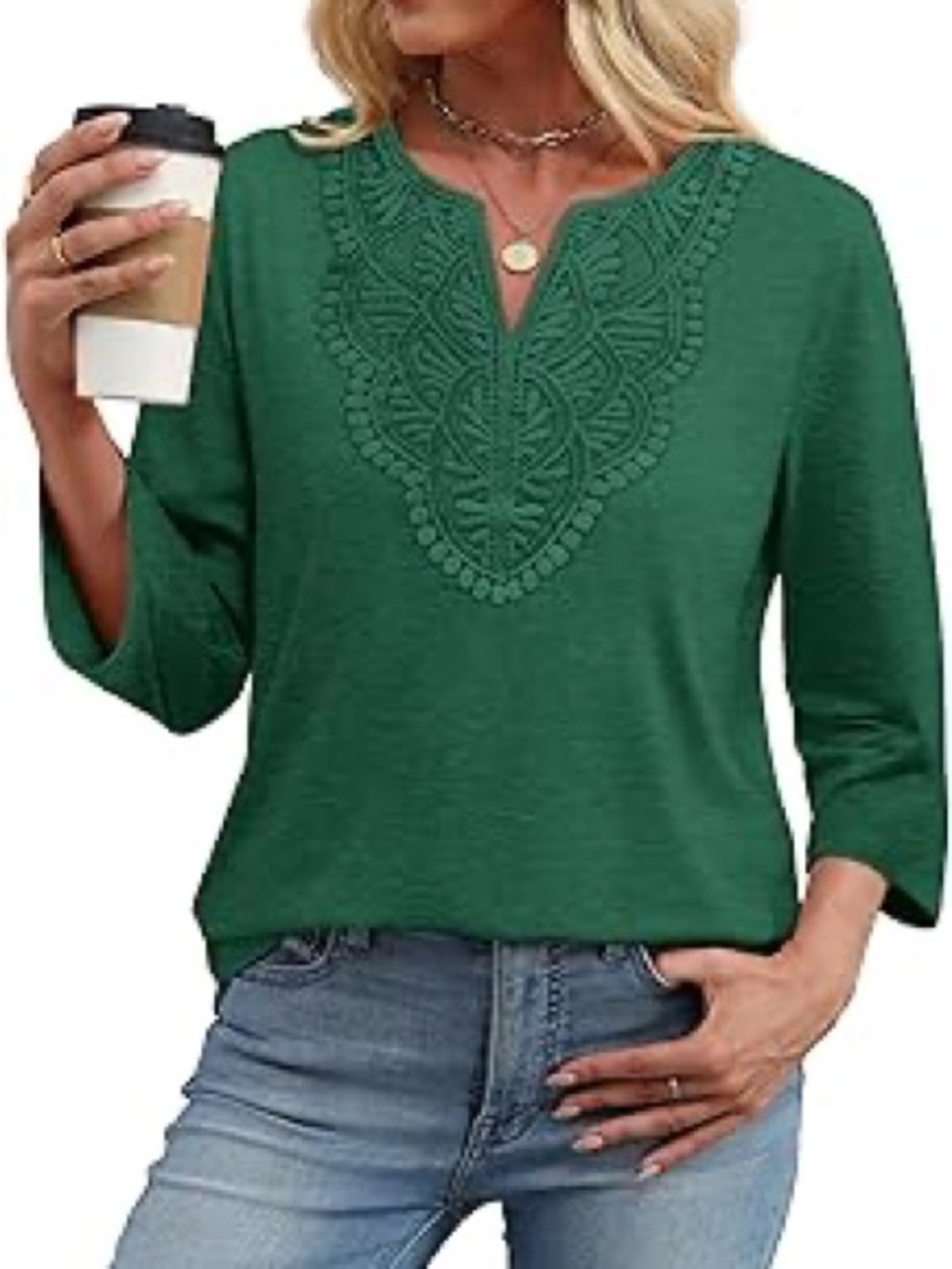 Women's Green Embroidered V-Neck Top